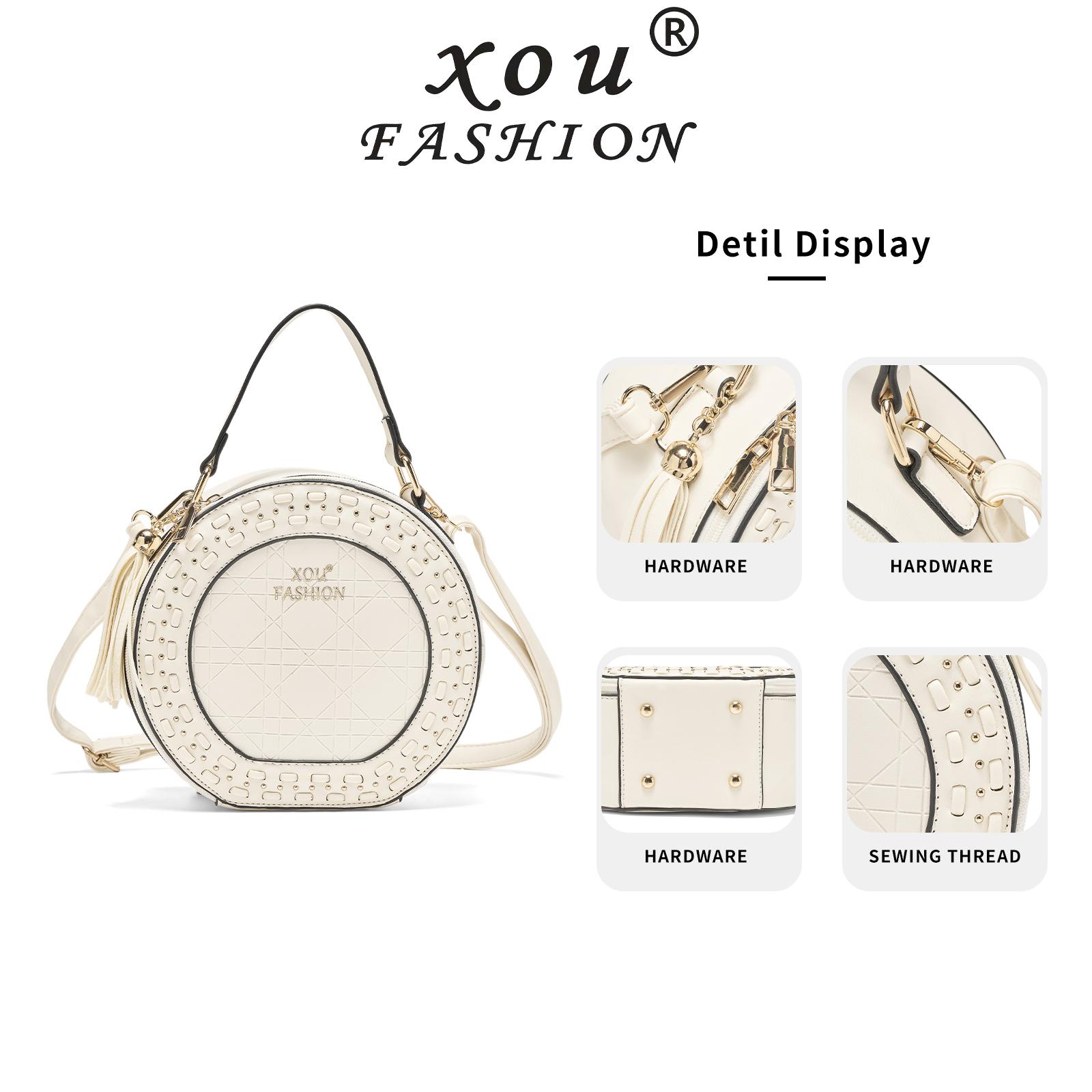 XOU Fashion Tas Selempang Wanita Model Bulat X-720 Desain Rivet Elegan Tali Bahu Nyaman Cocok untuk Sehari-hari