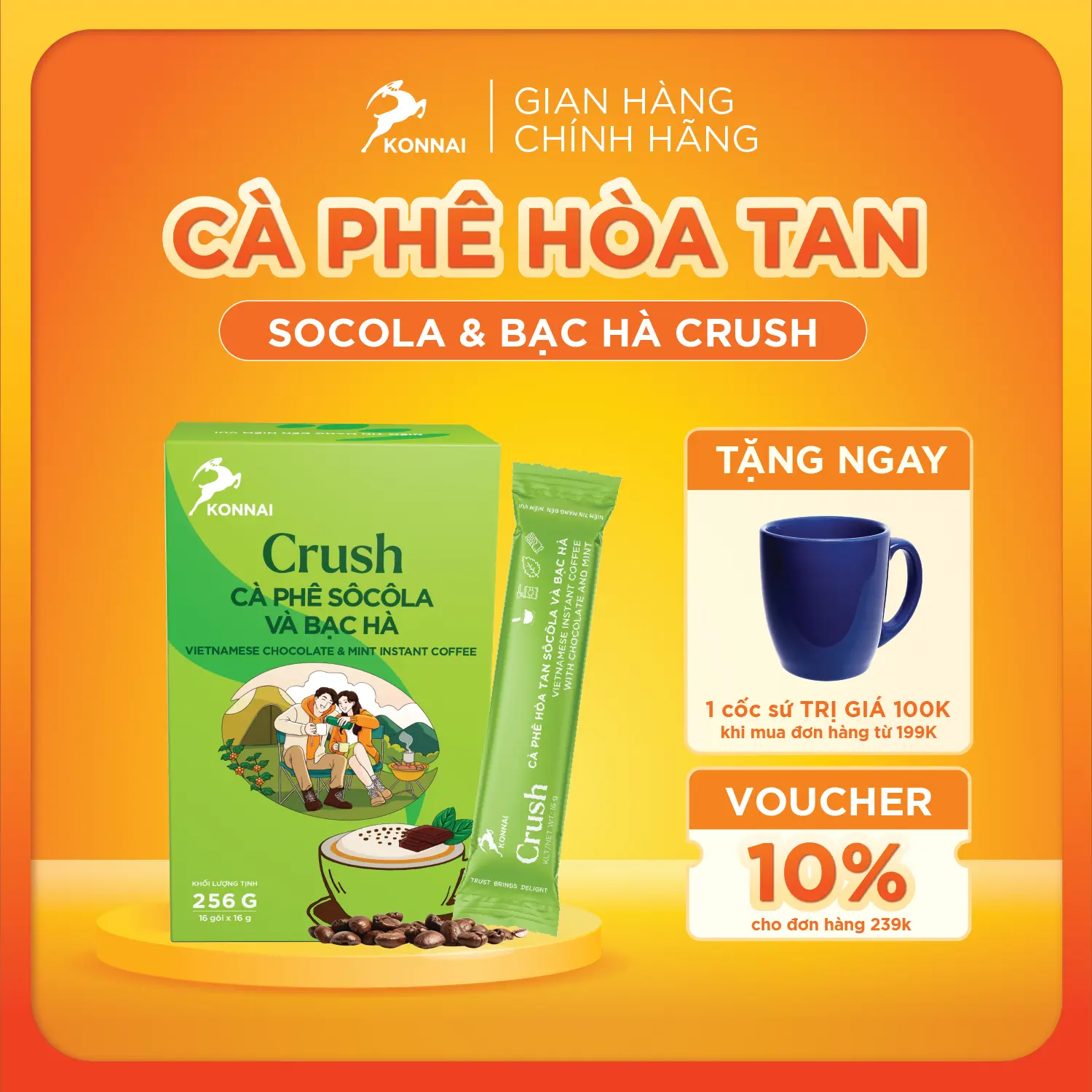 Cà phê hòa tan socola và bạc hà Konnai Coffee - cà phê nguyên chất kết hợp với sữa thực vật - hương vị Socola bạc hà