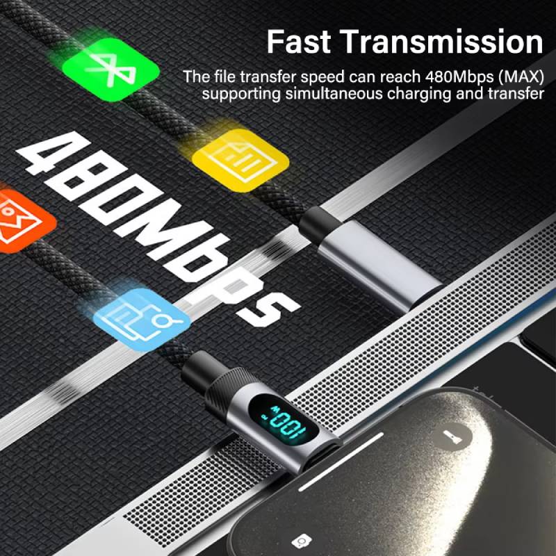 Reabol 100W LED Digital Display Super Fast Charging USB A To Type C Cable for Samsung Xiaomi Huawei