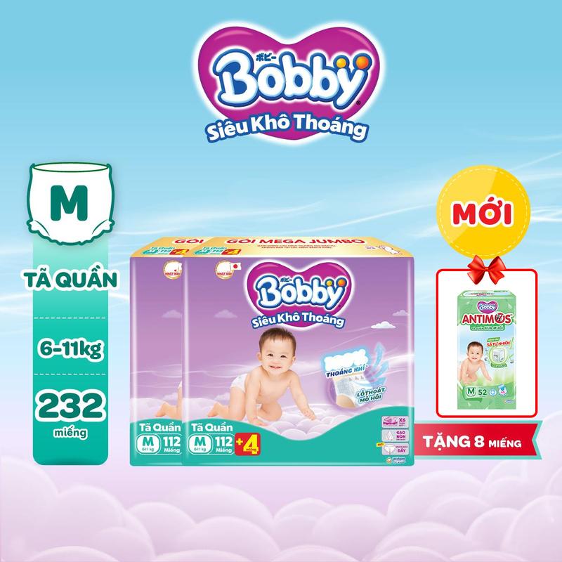 [COMBO 2-TẶNG TQ ANTIMOS] Bobby Tã/bỉm quần Siêu khô thoáng M112/L96/XL84/XXL76 (tặng miếng ngẫu nhiên)