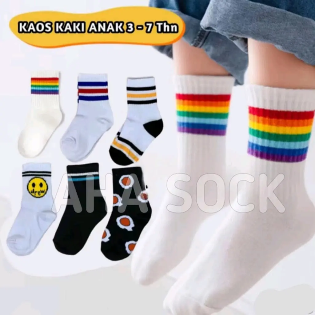 Paket [5 Pasang] Kaos Kaki Anak Motif Distro | Kaos Kaki Fashion Anak Old School Panjang Garis 3 Setengah Betis Lembut dan Nyaman Katun Ukuran PAUD TK SD