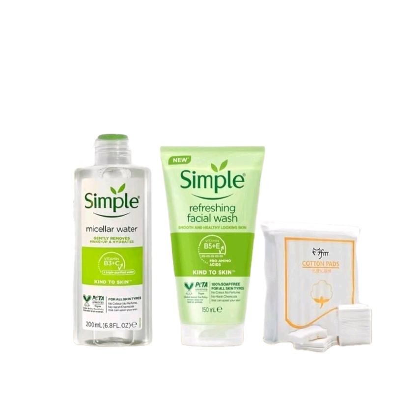 Combo Simple Nước Tẩy Trang 200ml + Sữa Rửa Mặt 150ml + Bông Tẩy Trang 222 Miếng - Lành Tính và Sạch Thoáng Cho Da Mụn Nhạy cảm