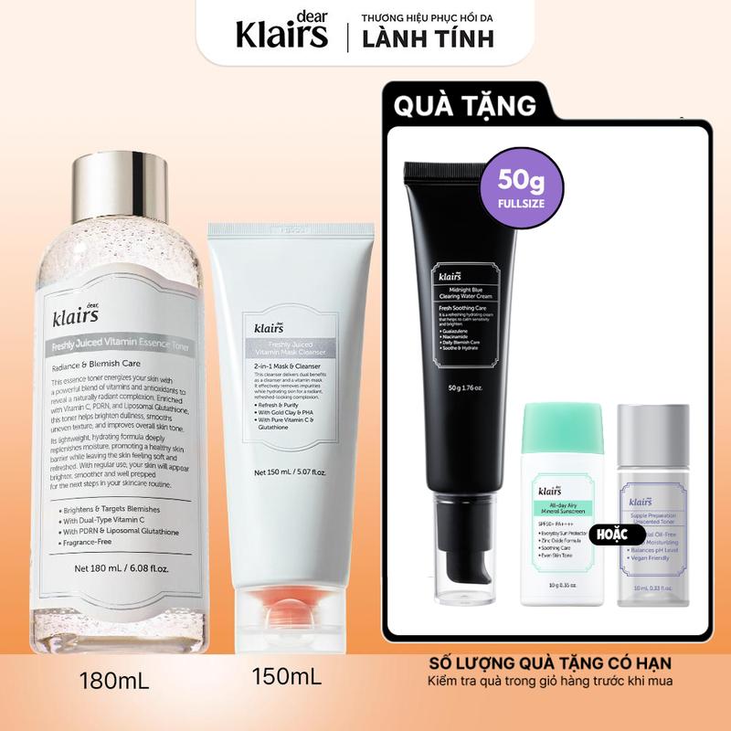 Combo Dear, Klairs Sữa rửa mặt Freshly Juiced Vitamin Mask Cleanser 150ml + Dear, Klairs Nước hoa hồng Freshly Juiced Vitamin Essence Toner 180ml