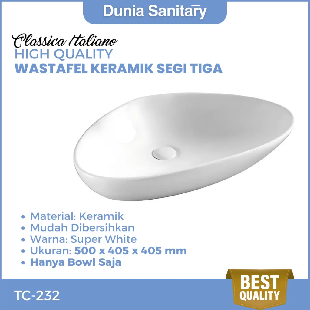 CLASSICA ITALIANO Wastafel Keramik Modern Segi Tiga Ukuran 50x40,5 cm | MODERN TAHAN LAMA MINIMALIST TC-232