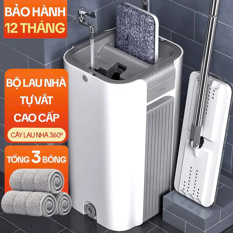 Bộ Cây Lau Nhà Tự Vắt KITIMOP C6 PLUS-PRO, Thùng Lau Nhà Tự Vắt Thông Minh, Chổi Lau Nhà Xoay 360 Độ, 3 Bông Lau