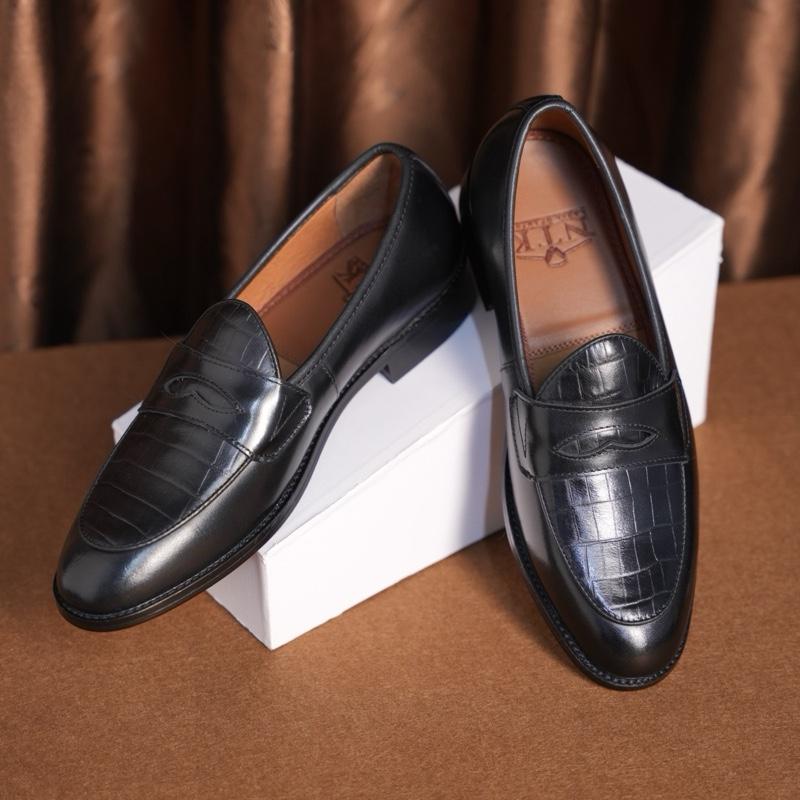 Giày nam Penny Loafer Phối Da Sần đen đế khâu mckay - Bảo hành da 24 tháng