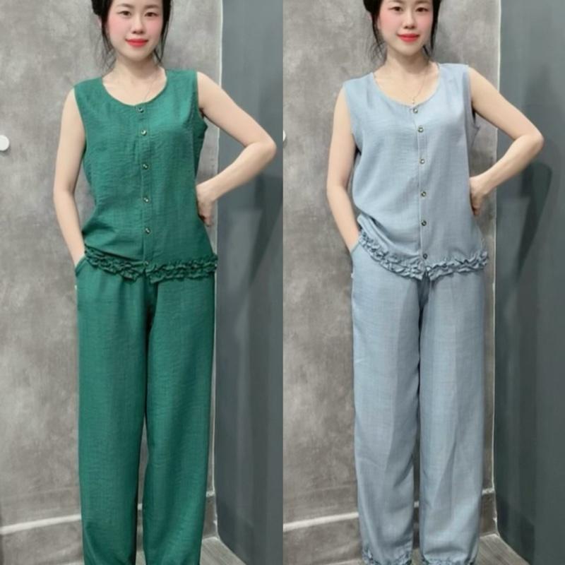 Đ03- Set bộ thời trang kiểu dáng sát nách phối bèo kết nút năng động , chất vải đũi siêu đẹp