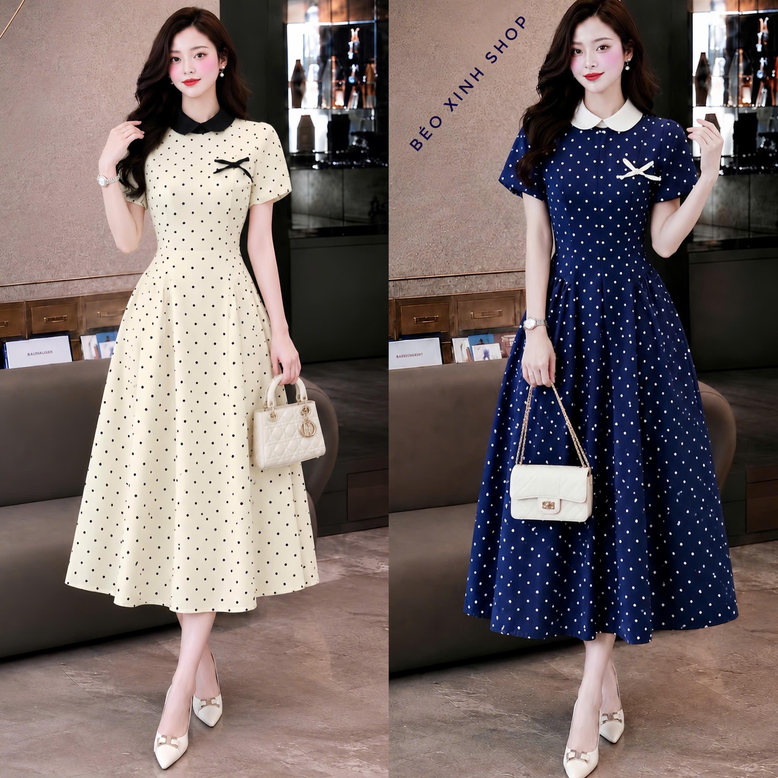Váy Chấm Bi Nữ Bigsize Cổ Peter Pan Phối Nơ – Dáng Dài Xòe 40–90kg Thời Trang Nữ Béo Xinh Shop - A.1895