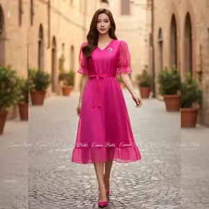 Emma.butik E00308 Gaun Pesta Wanita Midi Dress Remaja Formal Pink Satin Bridal Mewah Wisuda Mix Organza Polos Dress Paskah Gereja Jumat Agung Elegan Anggun Cantik Kondangan