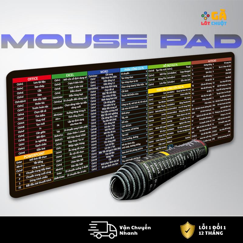 Tấm lót chuột, bàn di chuột phím tắt cao cấp Tiếng Việt, hỗ trợ làm việc văn phòng, đồ hoạ, chơi game kích thước 80x30 và 90x40