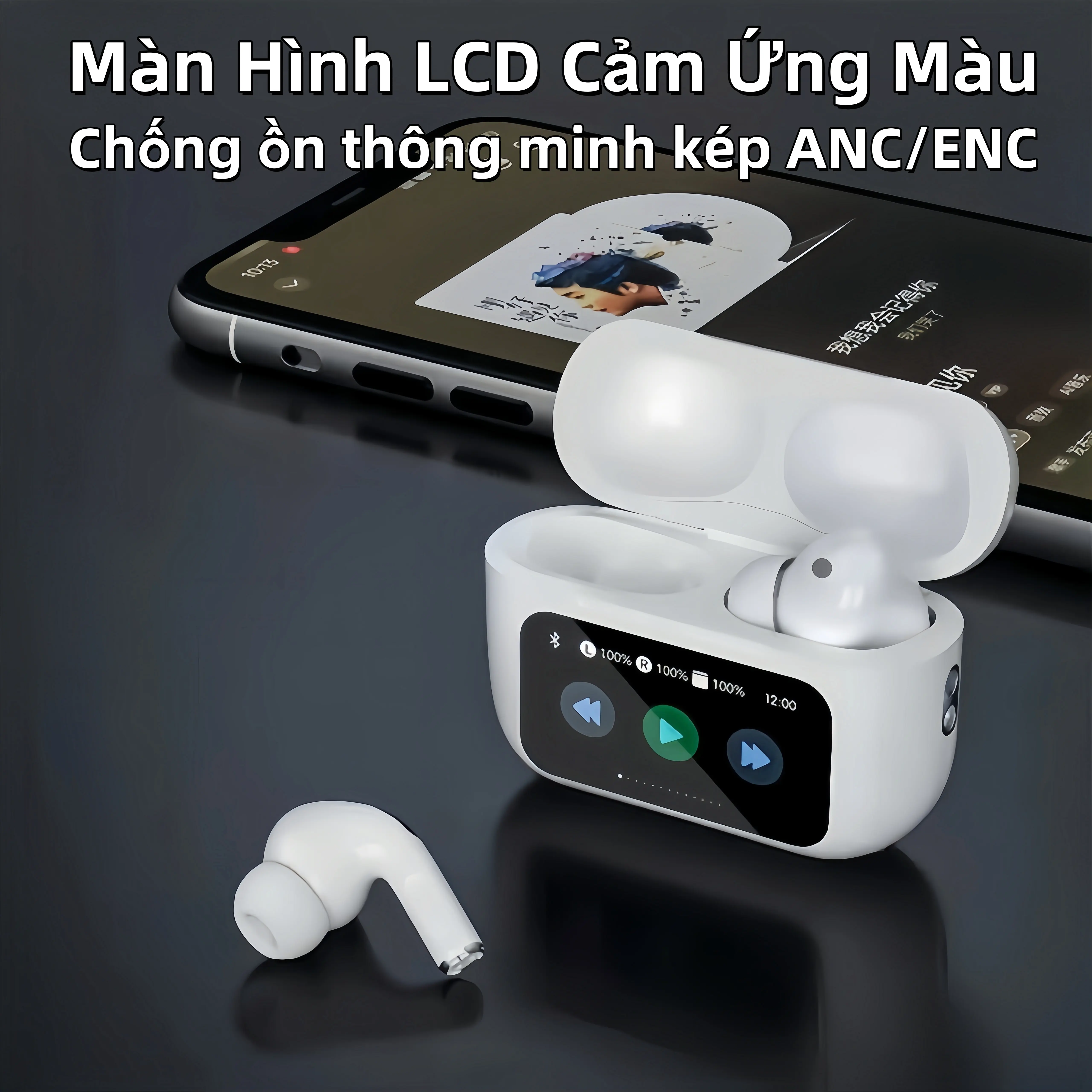 Tai nghe Bluetooth không dây Nhét Tai chống ồn ANC/ENC, Màn Hình LCD Cảm Ứng Màu, Bass Siêu Căng, Hình Nền Tùy Chỉnh, Hiển Thị Lời Bài Hát, Thích hợp tất cả các dòng điện thoại trên thị trường, Bảo Hành 1 năm
