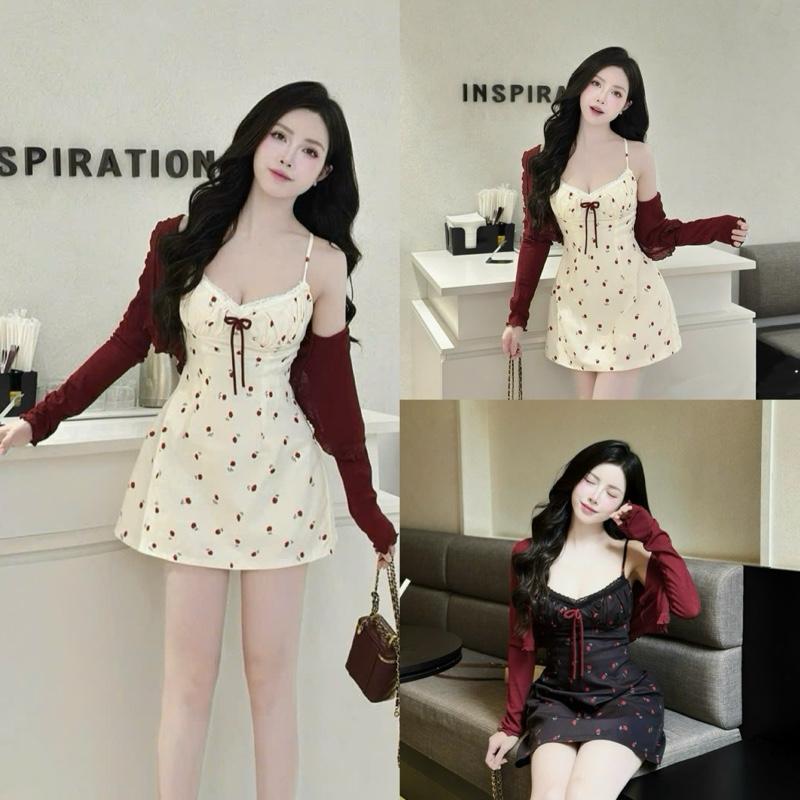 Đầm body hoa nhí ren cổ tim dáng ngắn kèm áo khoác ngoài sang chảnh nhí nhảnh dành cho Nữ