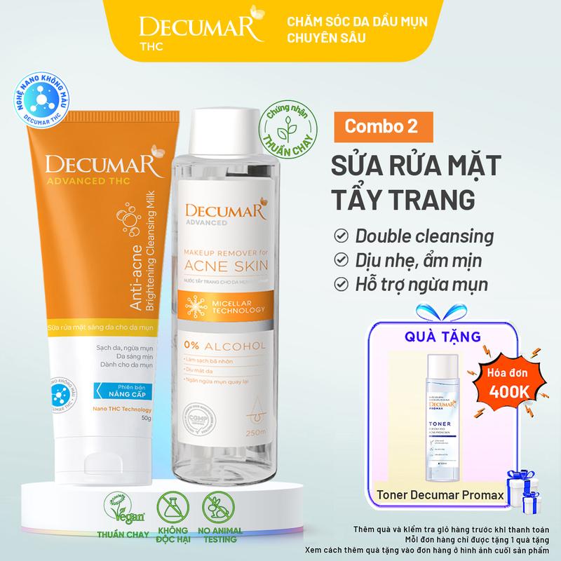 Bộ đôi sữa rửa mặt Decumar THC 50g & Tẩy trang cho da mụn Decumar Advanced 250ml - DSM02, NTT01