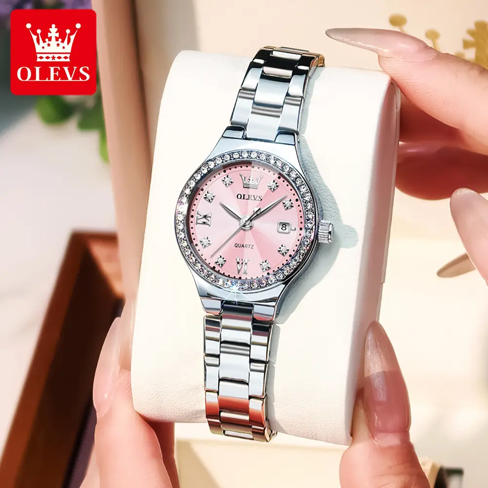 OLEVS Original Quartz Watches for Women Gift Zircon Waterproof Arched Glass Stainless Steel Calendar Korean Style Elegant Classic Luxury Wristwatch with Free Box 5628