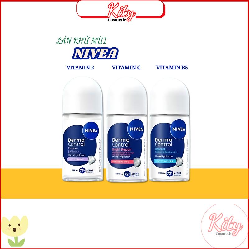   Hàng Cty-MỚI 2025  Lăn Khử Mùi Nivea Derma Control Micro Hyaluron 50ml Nivea 100X Vitamin B5 Vitamin C Vitamin E 