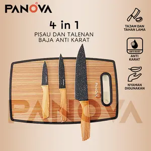 【COD】BONBOX x PANOVA Pisau Set Dapur Set 3PCS Pisau Include Talenan Kitchen Knife Set Hitam Pisau Dapur Serbaguna Gagang Kayu Kokoh Stainless Steel Alat Pengupas Buah Daging Berkualitas BKE31116
