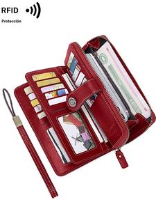 Cartera larga elegante de color sólido para mujer con Correa de muñeca, Cartera multifuncional con cremallera de protección RFID, Cartera de gran capacidad para uso diario, Monedero