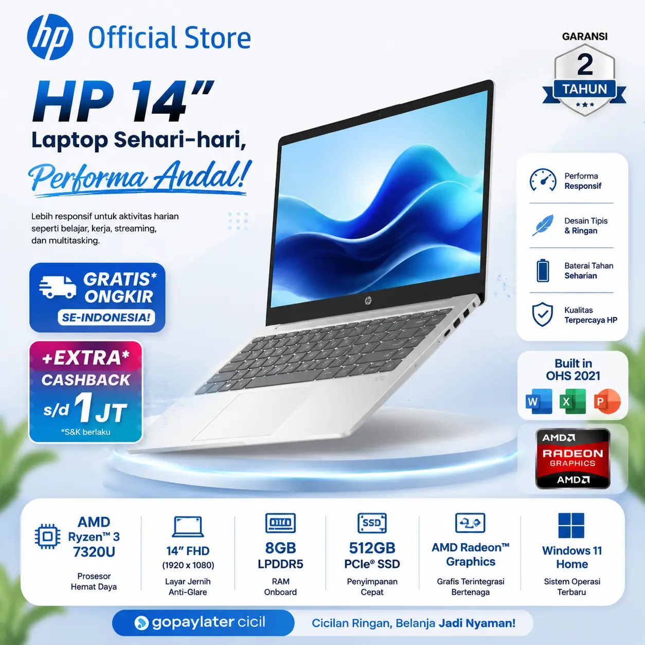 Laptop HP 14 RYZEN 3 7320 8GB 512GB W11+OHS 14.0FHD LAPTOP KERJA & LAPTOP SEKOLAH