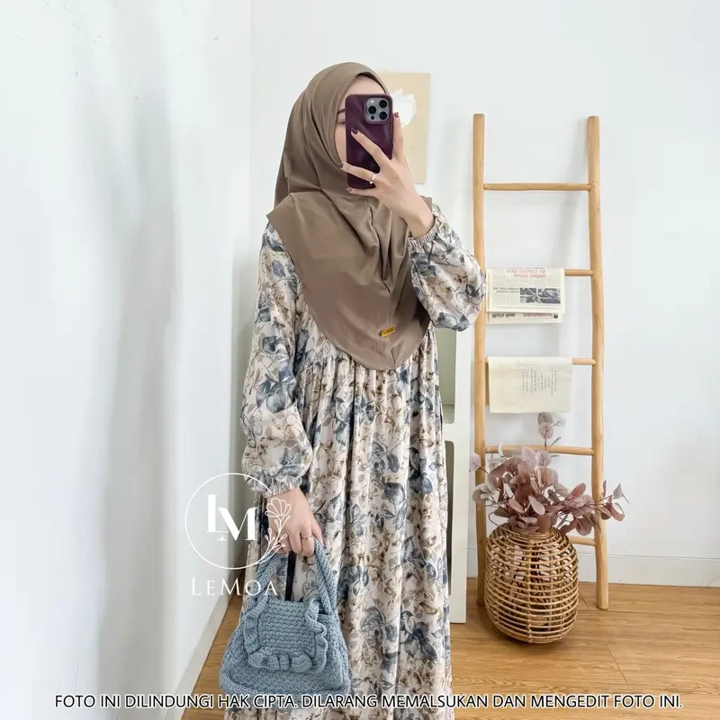 Arsy Midi Dress Set Hijab Gamis Lebaran Rayon Motif 0