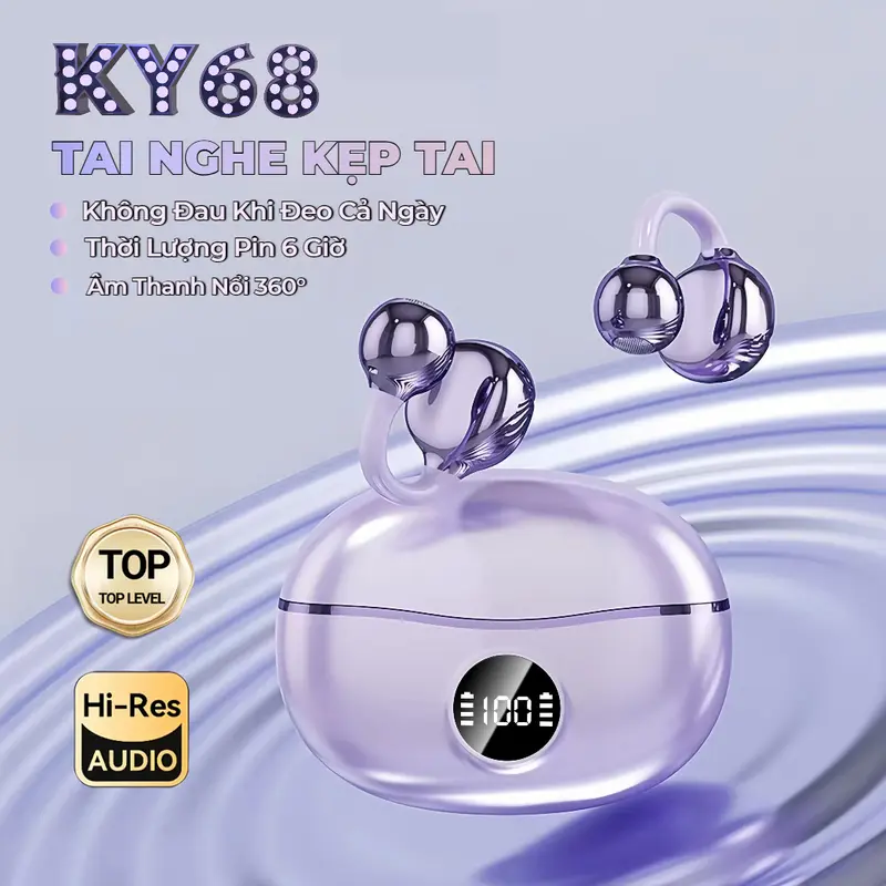 KY68 Tai Nghe Kẹp Tai, Thiết kế cầu chữ C, Màn hình kỹ thuật số, Công nghệ nghe hở tai, Âm thanh nổi cấp HiFi, Điều khiển cảm ứng, Chống nước IPX5, Bluetooth 5.4, Freeclip, Không có cảm giác khi đeo