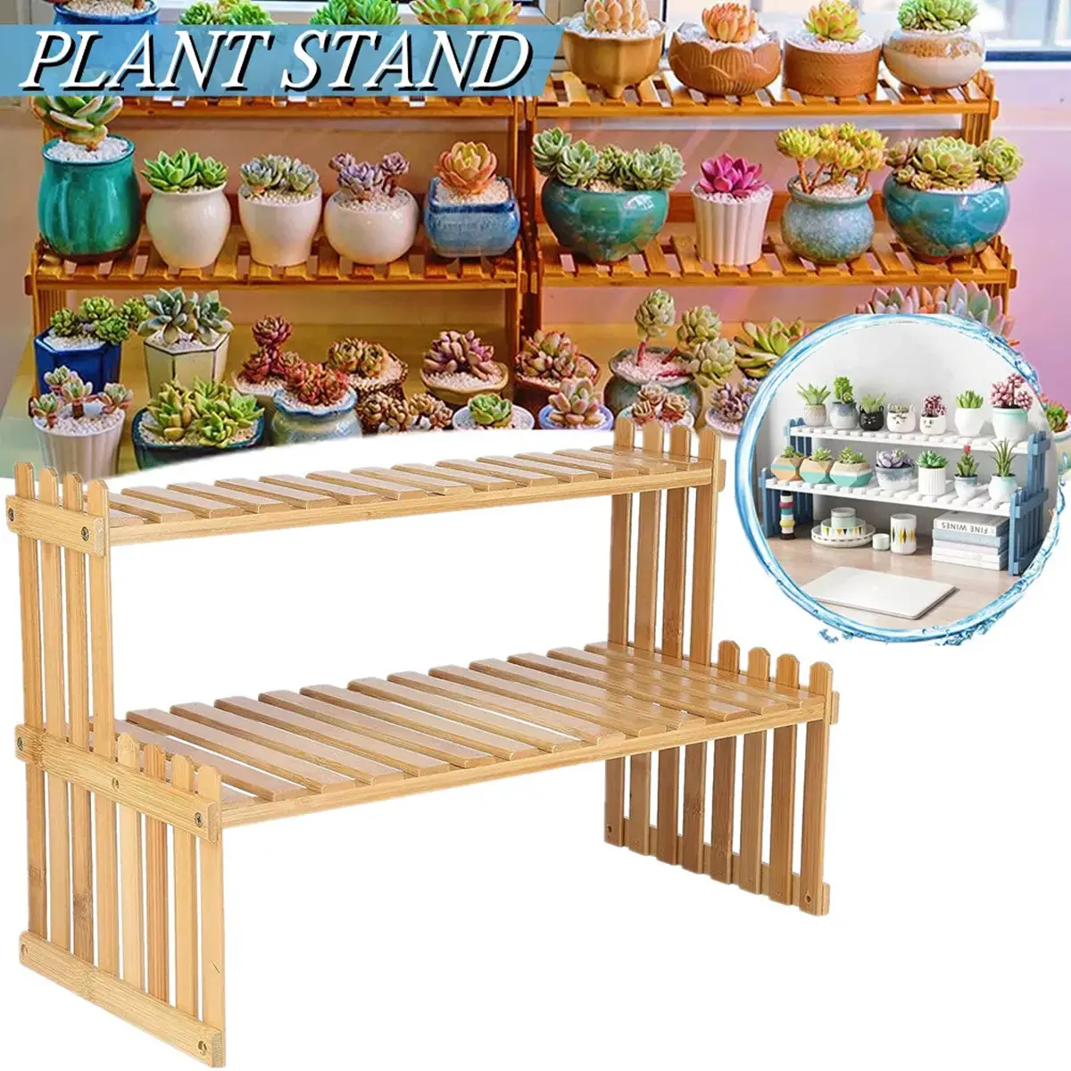 2 Tier Desktop Plant Stand,47CM Bamboo Plant Shelf Display Rack,Small Flower Pot Display Stand for Indoor Outdoor,Office Supplies Organizer, Balcony Planter Holder