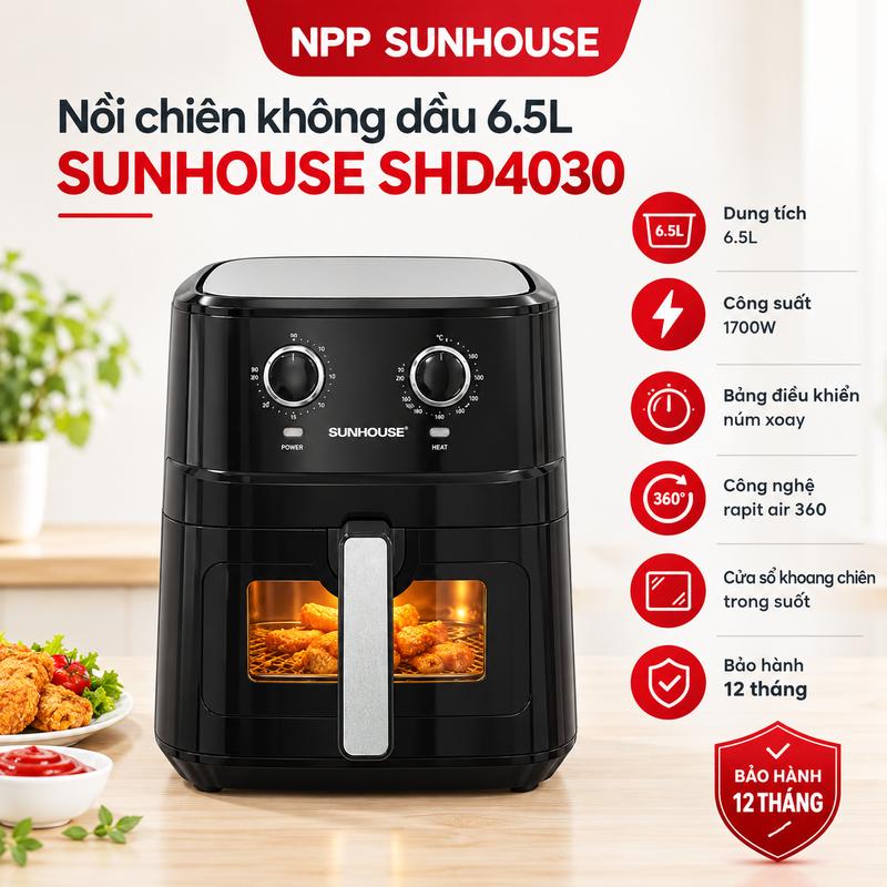 Nồi chiên không dầu SUNHOUSE SHD4030 dung tích 6.5L - Công nghệ Rapit air giảm dầu mỡ đến 80% - Núm xoay điều chỉnh nhiệt độ và thời gian dễ dàng