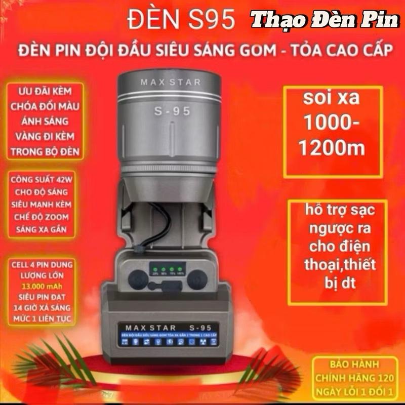 Đèn pin đội đầu siêu sáng S95 zoom sáng xa gần công suất 42W soi xa 1200 mét, Đèn đội đầu pin trâu,