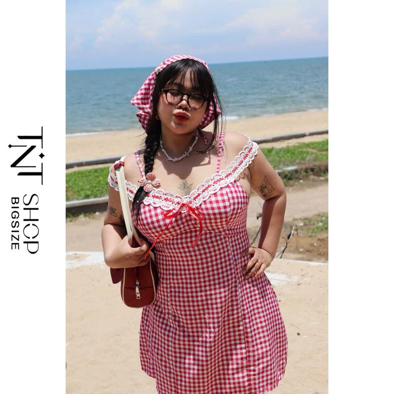 ĐẦM BIGSIZE CARO VIỀN REN TRỄ VAI CÓ KHĂN [TNT SHOP BIGSIZE 60KG 90KG] Nữ Women