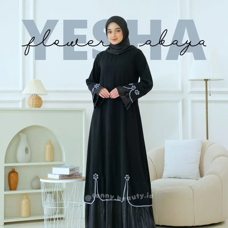 Yesha Flowers Abaya by fanny.beauty.id  Kombinasi Satin Polos  Mewah  Dress  Gamis  Wanita Muslim Bunga  Cantik 1