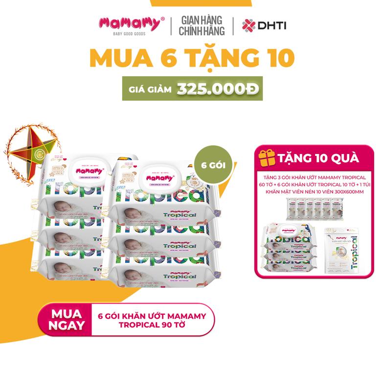 [TGMBS][MUA 6 TẶNG 10] MUA 6 gói khăn ướt Mamamy Tropical 90 tờ TẶNG 3 gói khăn ướt Mamamy Tropical 60 tờ + 6 gói khăn ướt mini 10 tờ+ 1 túi khăn mặt viên nén 10 viên 300x600mm