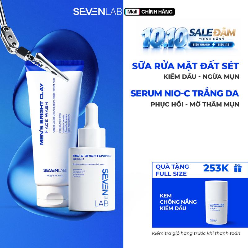 [TẶNG KEM CHỐNG NẮNG] Combo Serum Dưỡng Trắng Da Nio-C 30ml Và Sữa Rửa Mặt Ngừa Mụn 100g SEVENLAB - Hỗ Trợ Sáng Da, Mờ Thâm Cho Nam Giới - Hỗ Trợ Kiểm Soát Dầu, Ngừa Mụn - Chăm Sóc Da