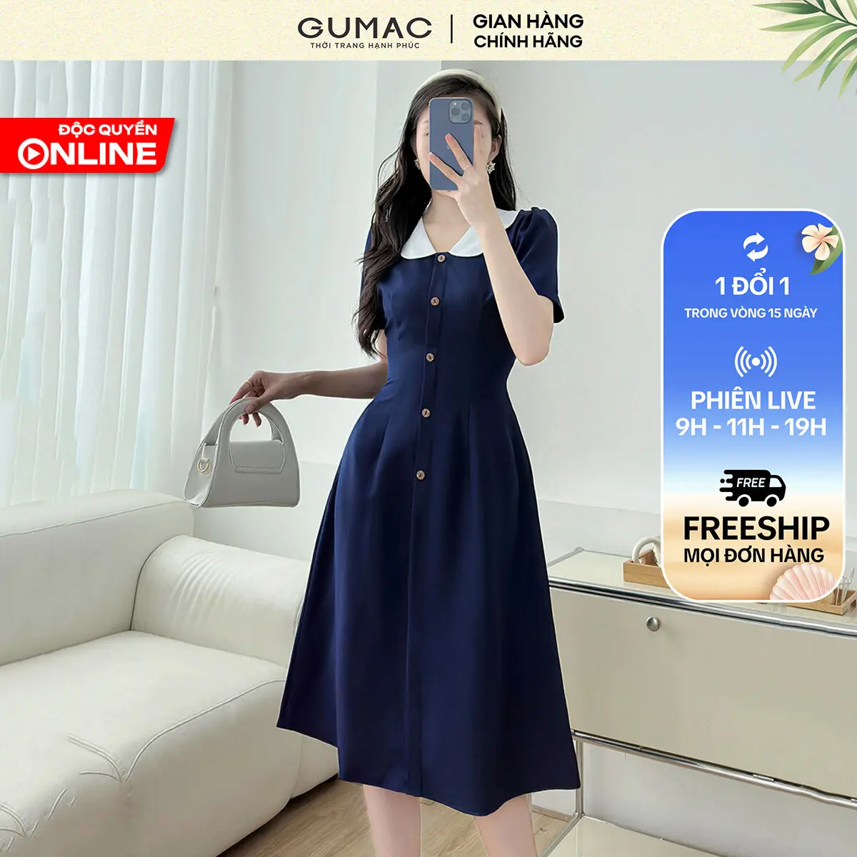 GUMAC - Đầm A bâu phối LDD1214 Nữ Women Dress Cotton