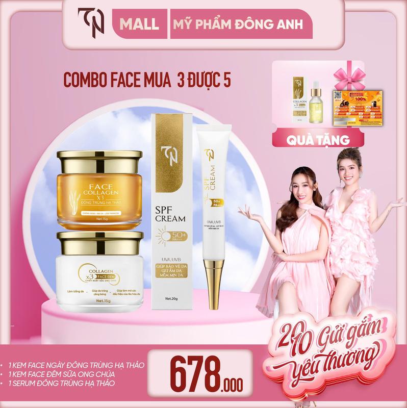 [ TẶNG PHIẾU + SERUM  ] - Kem Face Ngày Đông Trùng Hạ Thảo - Kem Face Đêm Collagen X3 Sữa Ong Chúa - Serum Đông Trùng Hạ Thảo - Kem Chống Nắng SPF 60++ - Hỗ Trợ Dưỡng Da Mờ Thâm , Nám , Sạm, Tàn Nhang - MỸ PHẨM ĐÔNG ANH