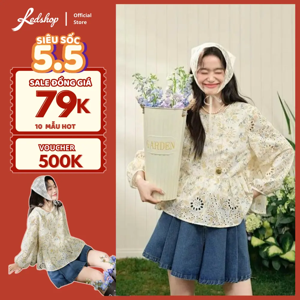 Áo babydoll thêu hoa nổi Red Shop 308006 2 LỚP chất ren phong cách Hàn Quốc 308006