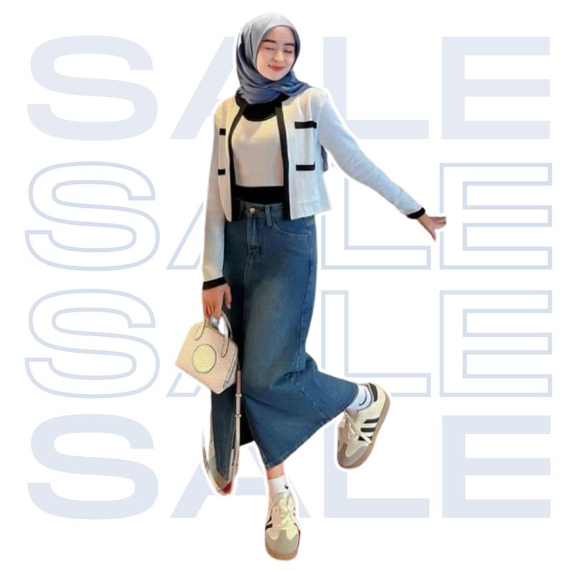 Nira Outfit Set Wanita Hijab ( Bawahan Rok Jeans + Atasan Outer Cardigan + Inner Korean + Bella Square / pashmina ceruty ) Ootd Simple Hijab Kekinian - Oneset Kece Setelan Keren Muslim Panjang one Cantik remaja Oversize Casual Nyaman Santai cewek 1