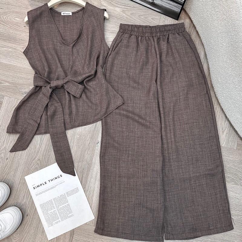 Q80 Set áo cổ V cột nơ + quần dài vải đũi form 40-60kg mang vừa phù hợp đi chơi . di du lich chất mát thoáng thấm hút mồ hồi Hằng tidy