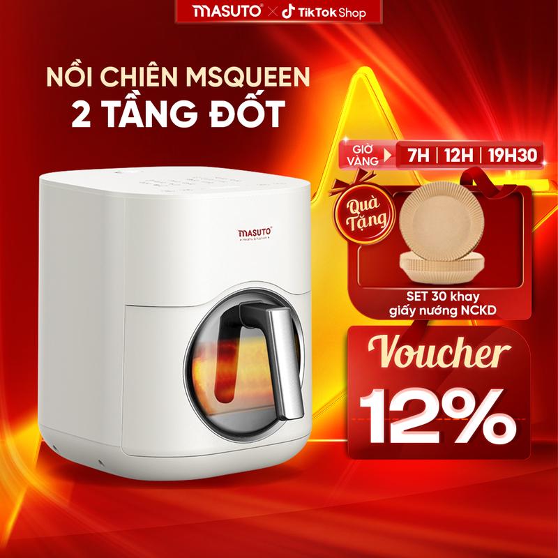  HB-Nồi chiên không dầu 6 lít Masuto MSQueen-TẶNG TÚI CANVAS - Nồi chiên 2 tầng đốt Trên Dưới đối lưu không cần trở lật 