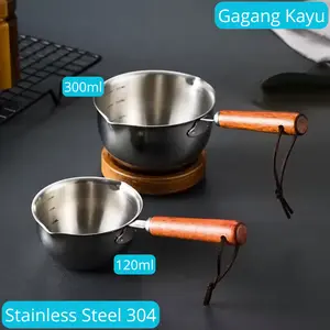 Panci Susu Minyak Wadah Saus Kecap Mini Pan Stainless Steel 2 Moncong Gagang Kayu Kitchenware Serbaguna