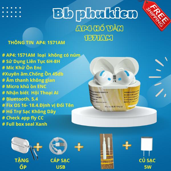 Tai Nghe Không Dây  AP4 Hổ Vằn 1571AM, Bluetooth 5.4, Mic khử ồn ENC, Cảm Biến Hồng Ngoại,chống ôn chủ động 45db  ,Cảm ứng lực .Tặng kèm ốp+ Bộ Sạc 5W. Lỗi 1 Đổi 1)