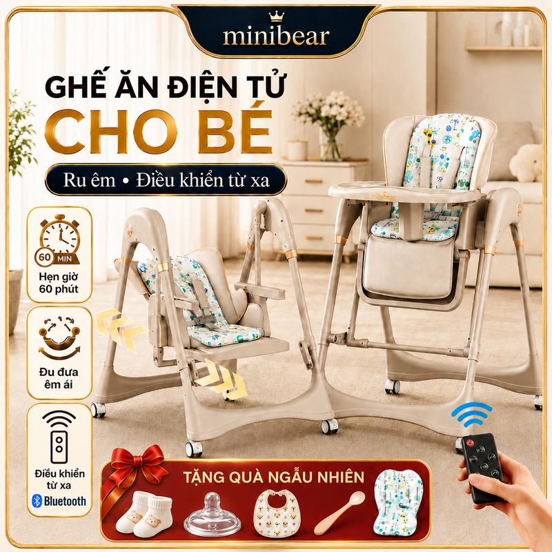 Minibear B4 Ghế Ăn Dặm Xích Đu Tự Động Cho Bé, Ghế Ăn Đa Năng Ru Êm, Có Điều Khiển Từ Xa Bluetooth, Hẹn Giờ 60 Phút