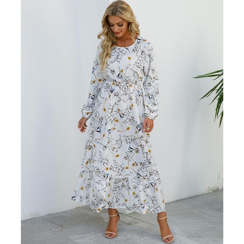 Cross-Border Foreign Trade Spring and Autumn Floral Chiffon Dress Waist-Controlled Slimming Long Sleeve round-Neck Long Printed Dress Women's 1