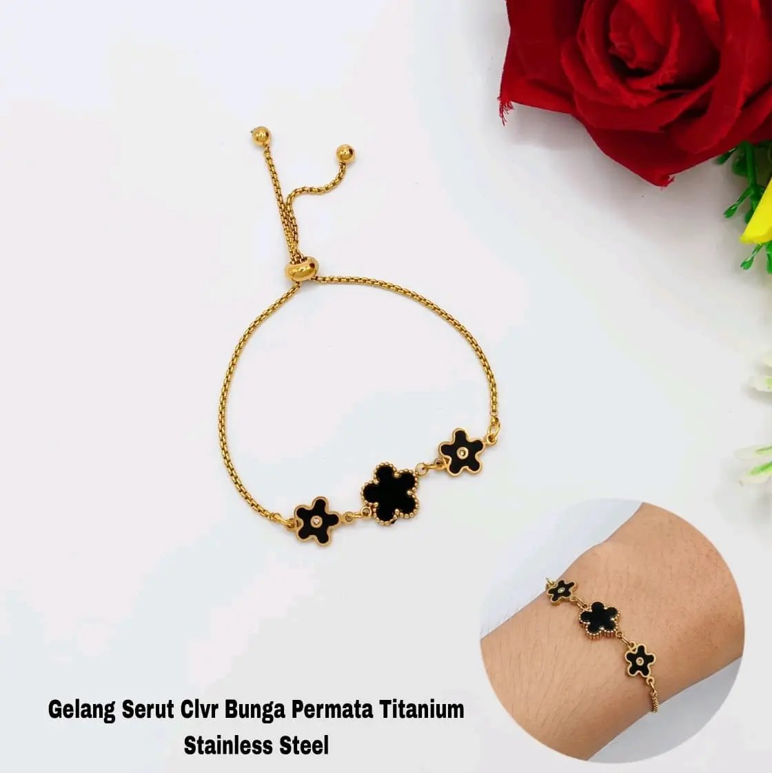 GELANG Serut Clover Titanium 24k Stainless steel