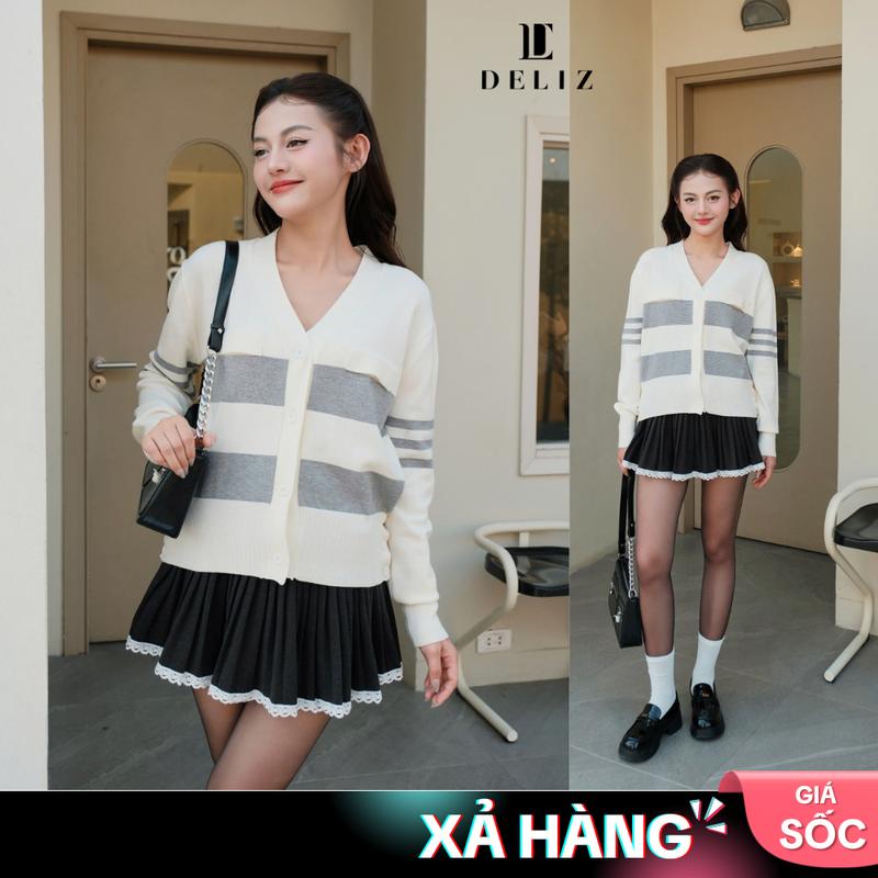 DELIZ - Áo cardigan phối kẻ ngang khoác ngoài cổ V thiết kế CD841