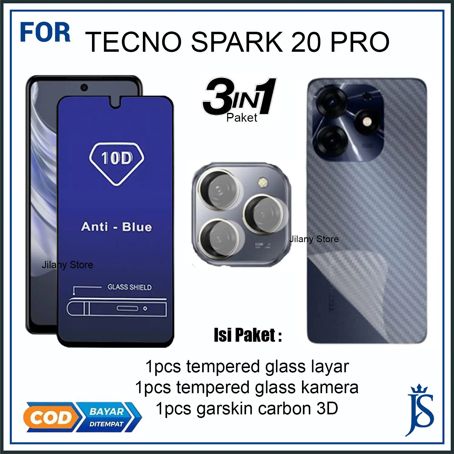 Paket 3IN1 Tempered Glass Tecno Spark 20 Pro Free Tg Camera + Garskin Karbon