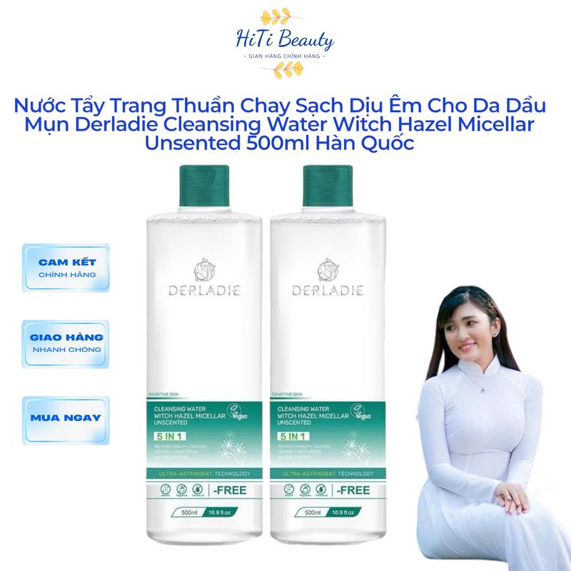Nước Tẩy Trang Thuần Chay Derladie Cleansing Water Witch Hazel Micellar Unscented 5in1 500ml Hàn Quốc (Chính hãng)