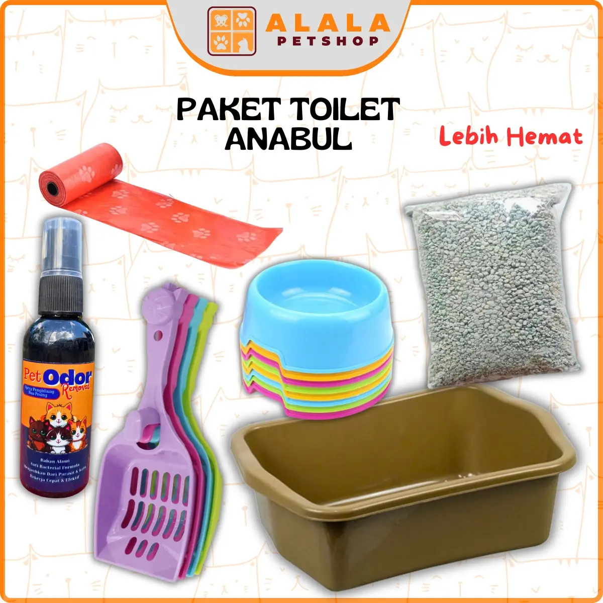 Alala Paket Litter Box Kucing Lengkap : Baskom, Pasir, Serok, Plastik Kotoran, Pet Odoor, Bonus Mangkok Makan