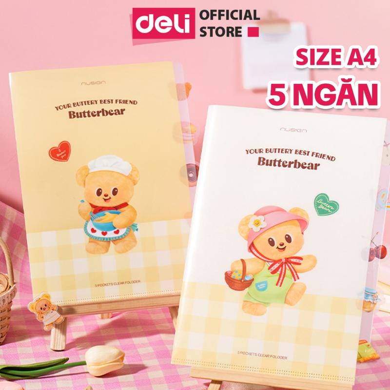 File kẹp tài liệu 5 ngăn file lá bìa lá Butterbear x Deli - File lá chống nước đựng giấy tờ bài kiểm tra tiện dụng học sinh
