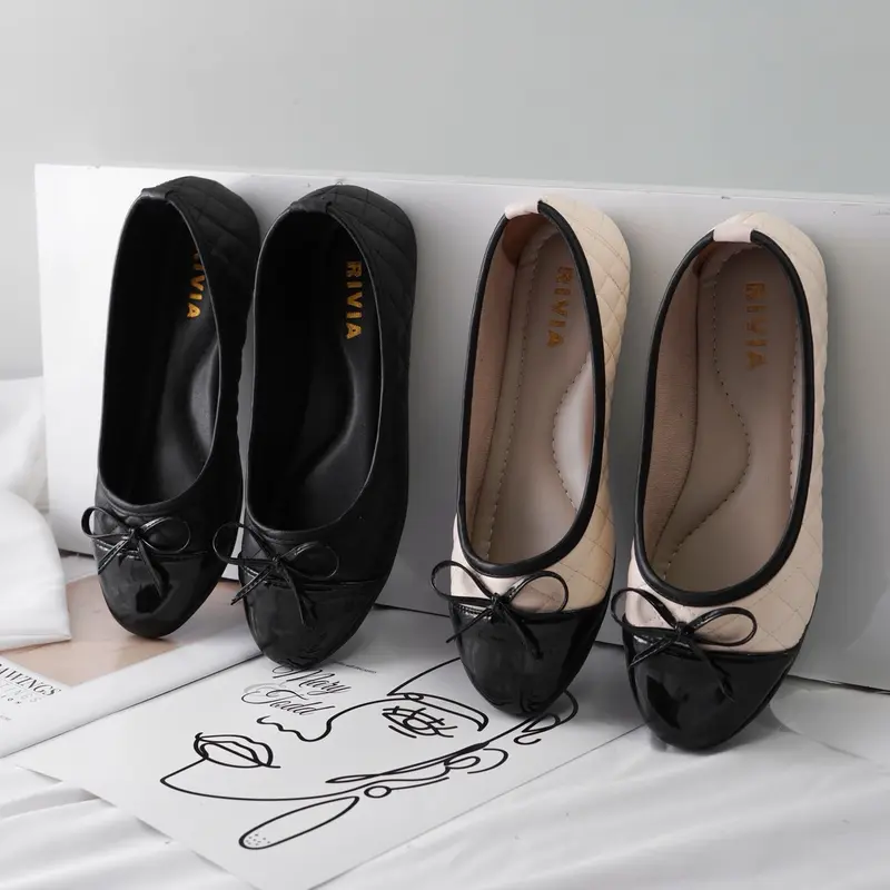 Sepatu Balet Kerja RIVIA Flatshoes Wanita Tali Iket Garis-Garis Empuk Sol Karet Hitam 1