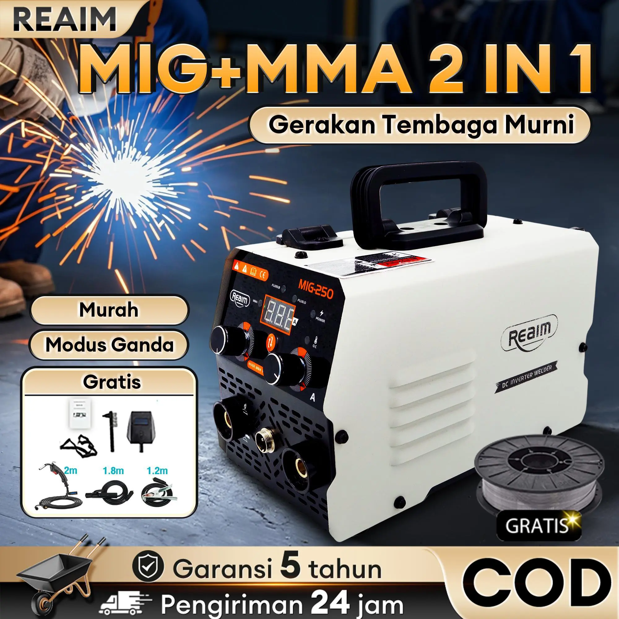 REAIM Mesin Las murah Daya Rendah mig Listrik trafo las welding inverter Las Tanpa Gas Travo Inverter MIG 250 Mesin las Logam mesin las las  bakar