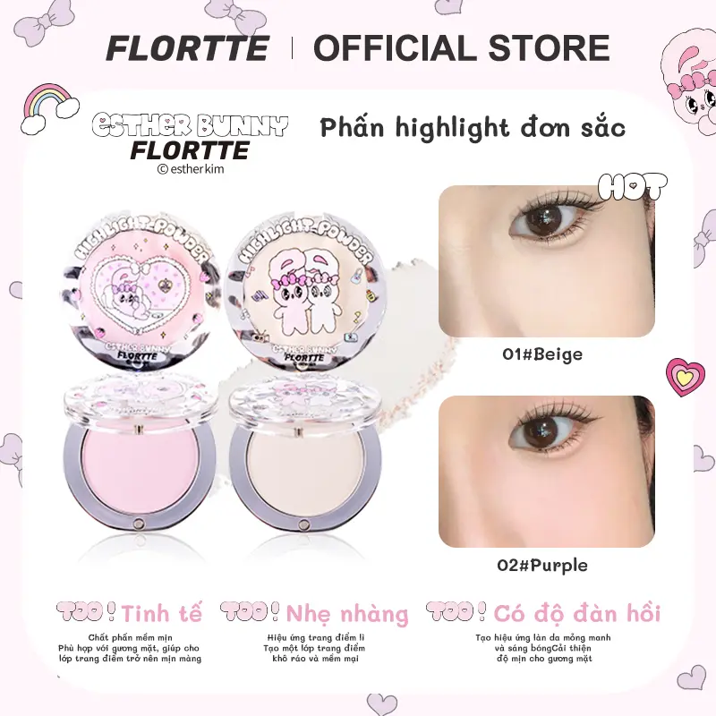 Flortte x Esther bunny --- Sắc hồng độ sáng cao,phấn bắt sáng, lấp lánh, mịn mượt, không lộ vân, trang điểm nữ tính, tăng độ sáng cho gương mặt, 4g